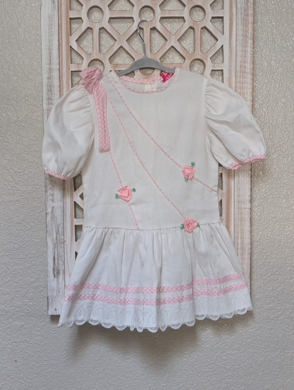 Roanna dress girls size 5 puff sleeves pink roses ribbon lace vintage 80s 90s
